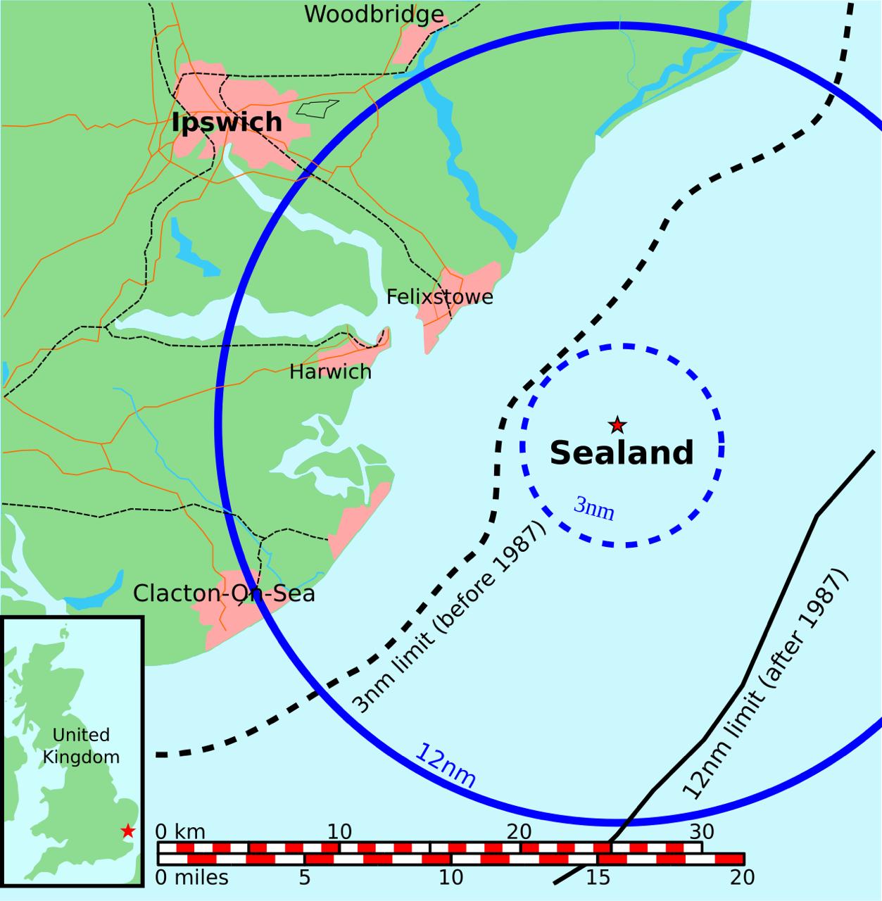 Map showing Sealand's location off the English coast and the 3-nautical-mile limit before 1987 versus the 12-nautical-mile limit after 1987